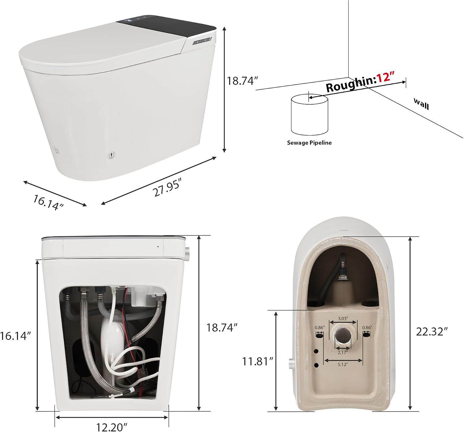 Tankless Smart Toilet with Bidet Built In, Auto Open & Close, Wider Bidet with Heated Seat, Warm Water and Dry, Foot Sensor, LED Display, Remote Control
