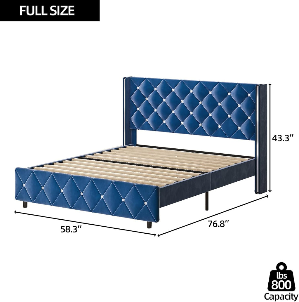 HOMBCK Full Size Bed Frame, Upholstered Bed with Diamond Headboard, Black Velvet Bed Frame with Wingback Headboard & Footboard, No Box Spring Needed, Easy Assembly, Blue
