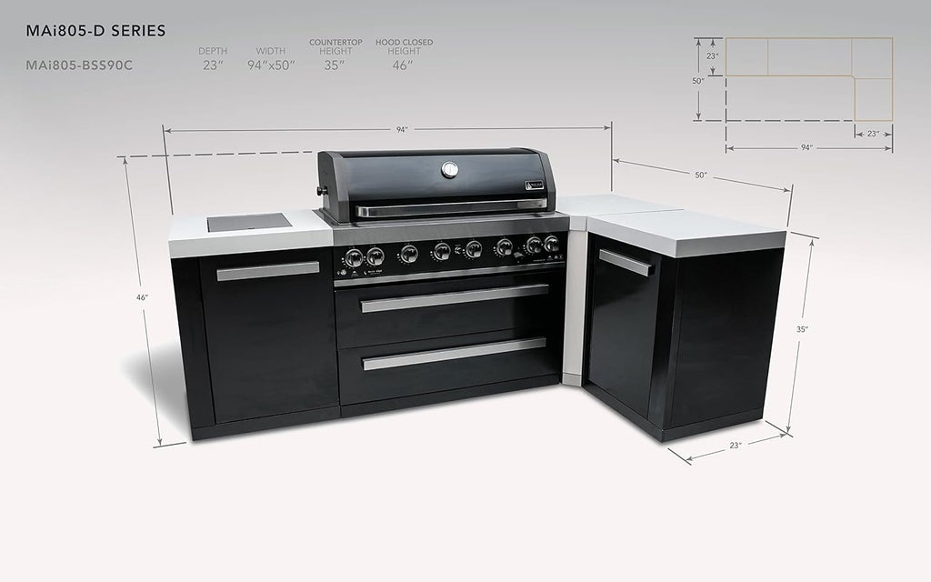Mont Alpi Premium 94'W x 50'D Black Stainless Steel L-shaped Modular Outdoor Kitchen Island + Infrared Side & Rear Burner + 44'W 6-Burner BBQ Grill + Granite Countertops + Storage Cabinets & Drawers