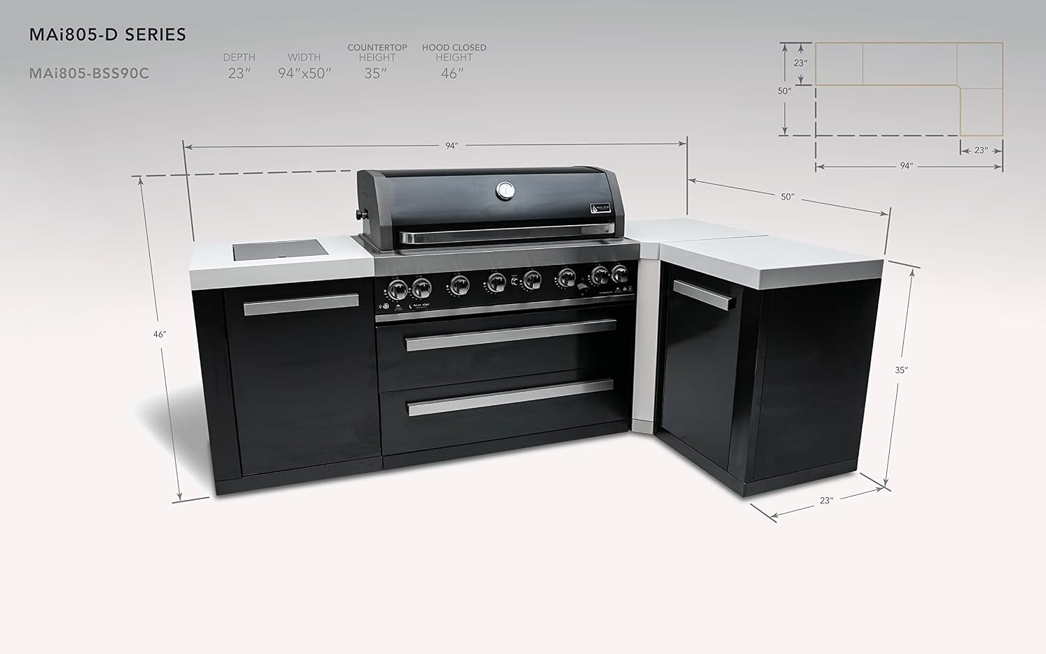Mont Alpi Premium 94'W x 50'D Black Stainless Steel L-shaped Modular Outdoor Kitchen Island + Infrared Side & Rear Burner + 44'W 6-Burner BBQ Grill + Granite Countertops + Storage Cabinets & Drawers