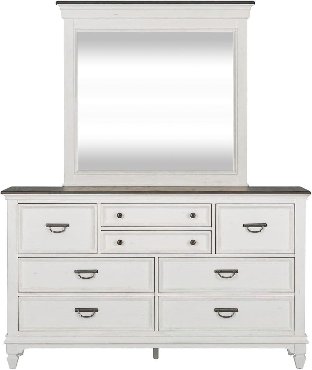 Liberty Furniture Allyson Park California King Panel Bed, Dresser & Mirror, Night Stand Cottage Bedroom Furniture Set - Wirebrushed White w/Charcoal Tops