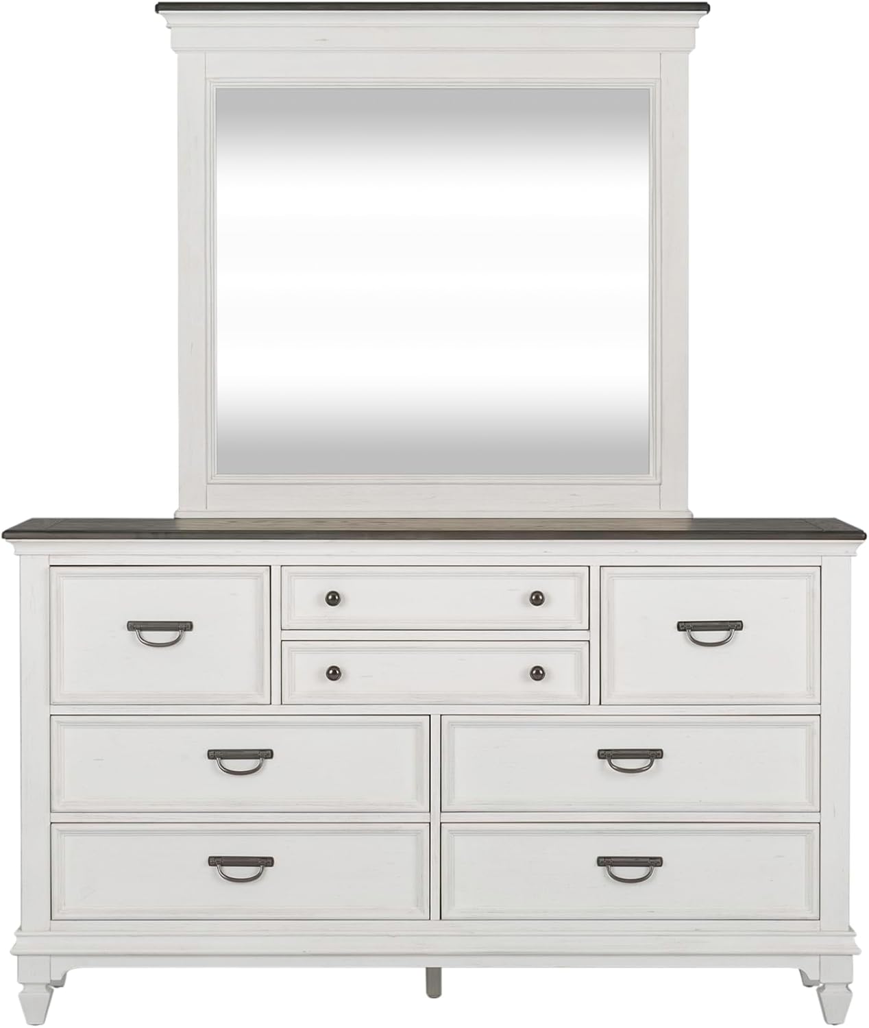 Liberty Furniture Allyson Park California King Panel Bed, Dresser & Mirror, Night Stand Cottage Bedroom Furniture Set - Wirebrushed White w/Charcoal Tops