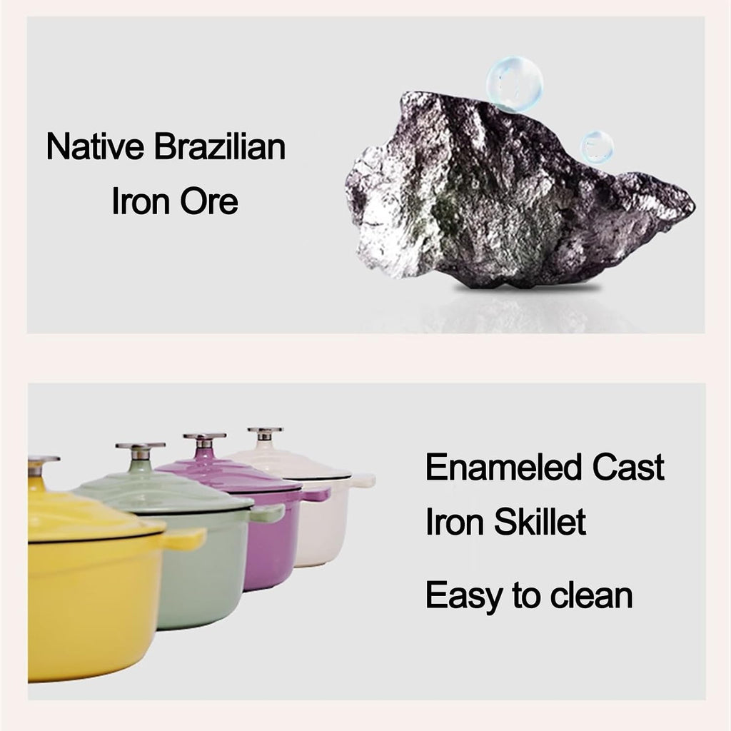 Home Use Dutch Oven for Bread Baking 1.6L Cast Iron Braiser with Lid Dual Handles Casserole Pot for Soup Ribs Waterless Cooking(Purple)
