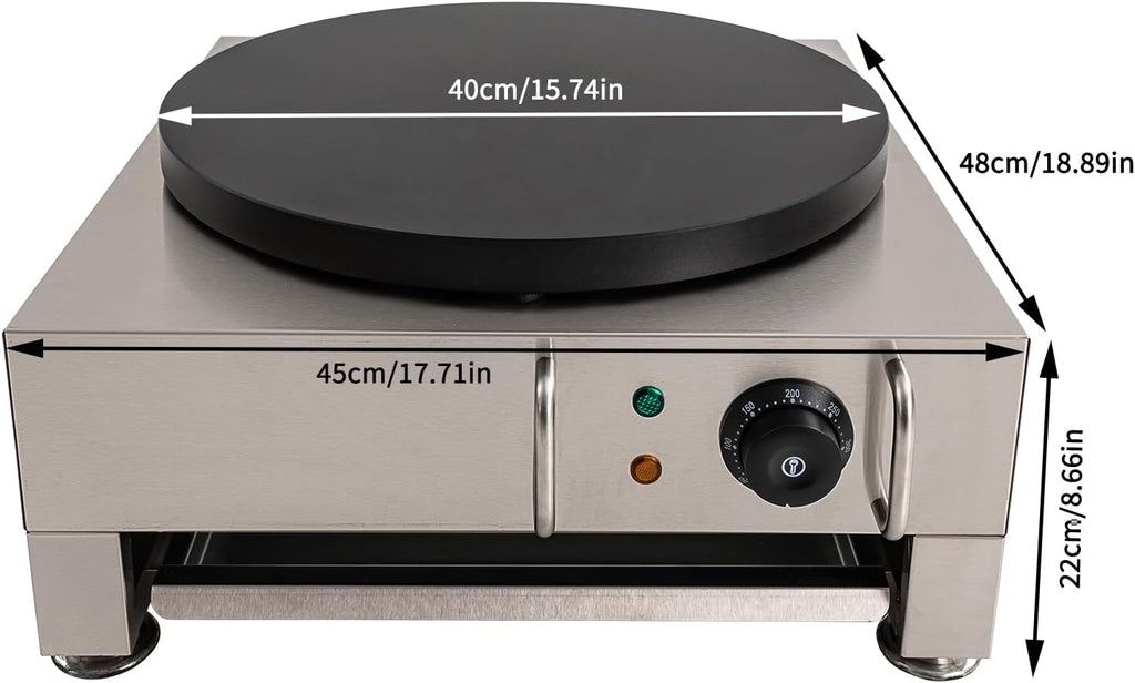 16 Inch Commercial Crepe Maker 2200W Electric Pancake Maker with Nonstick Round Crepe Hotplate Griddle Machine Adjustable Temperature for Blintzes, Eggs, Tortilla
