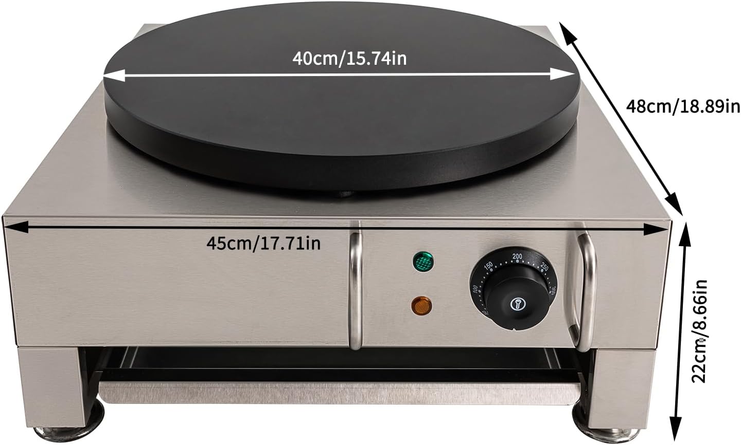 16 Inch Commercial Crepe Maker 2200W Electric Pancake Maker with Nonstick Round Crepe Hotplate Griddle Machine Adjustable Temperature for Blintzes, Eggs, Tortilla