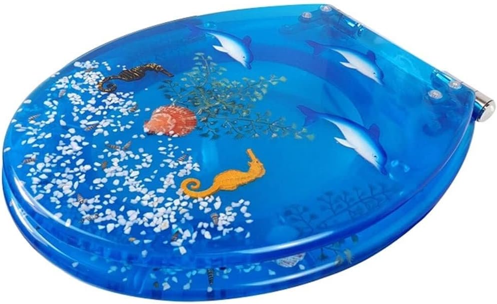 Colorful Round Resin Toilet Seat With Chrome Hinges, Slow Close Quiet Closing, Easy Install Fits Most Standard Toilets
