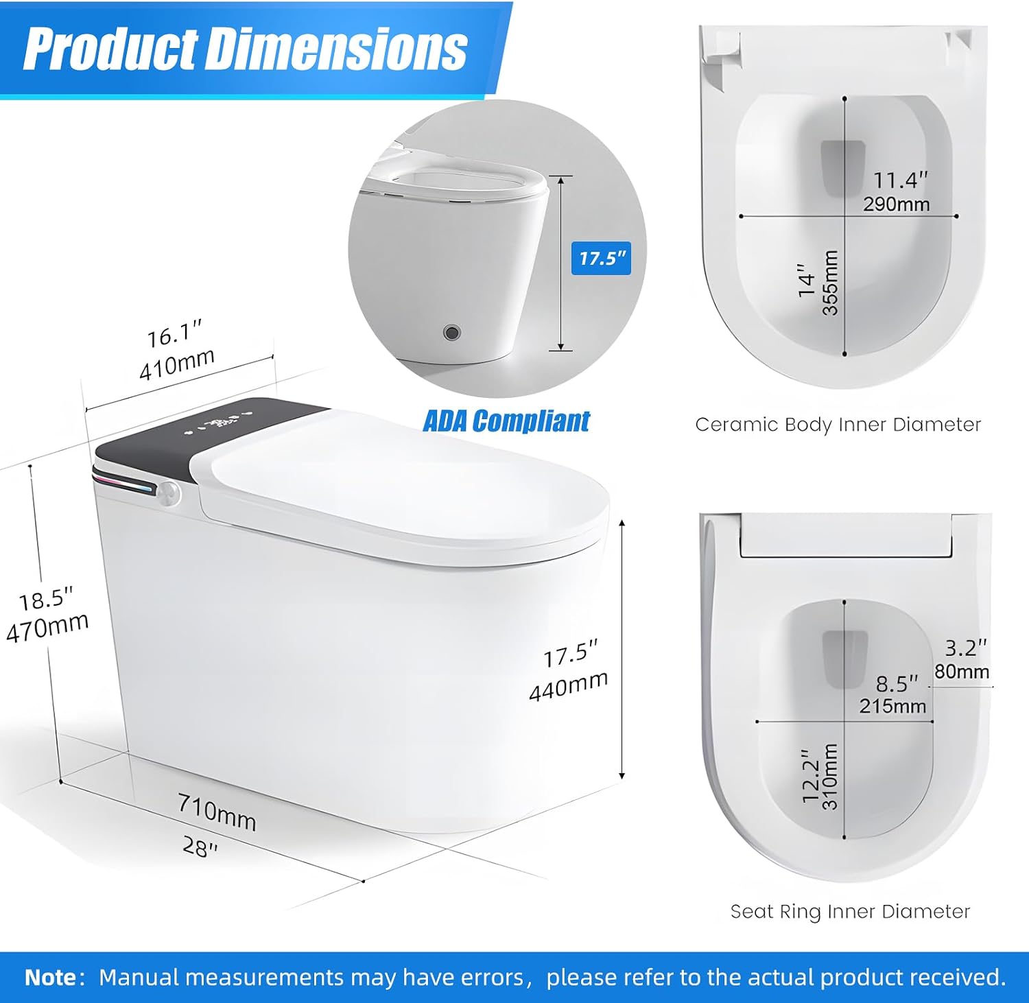 Smart Toilet with Bidet Built In, Auto Open, Heated Seat & Dual Auto Flush, Foot Sensor, Tankless Modern Elongated Electric Toilet with Warm Water Wash, Air Dryer, LED Display & 1000g MaP Flush