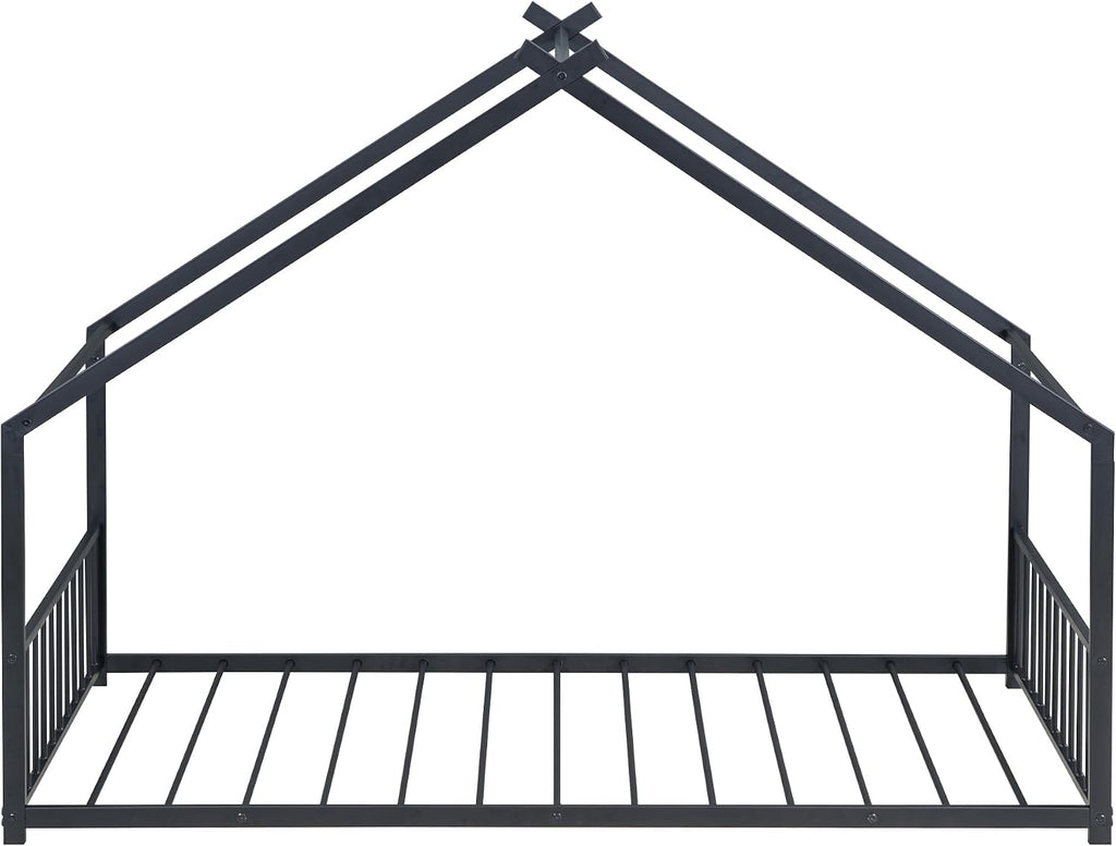 Bellemave Twin Size Floor BedFrame with Slats for Kids, Metal Montessori Floor Beds, Twin House Bed for Kids, Black with roof