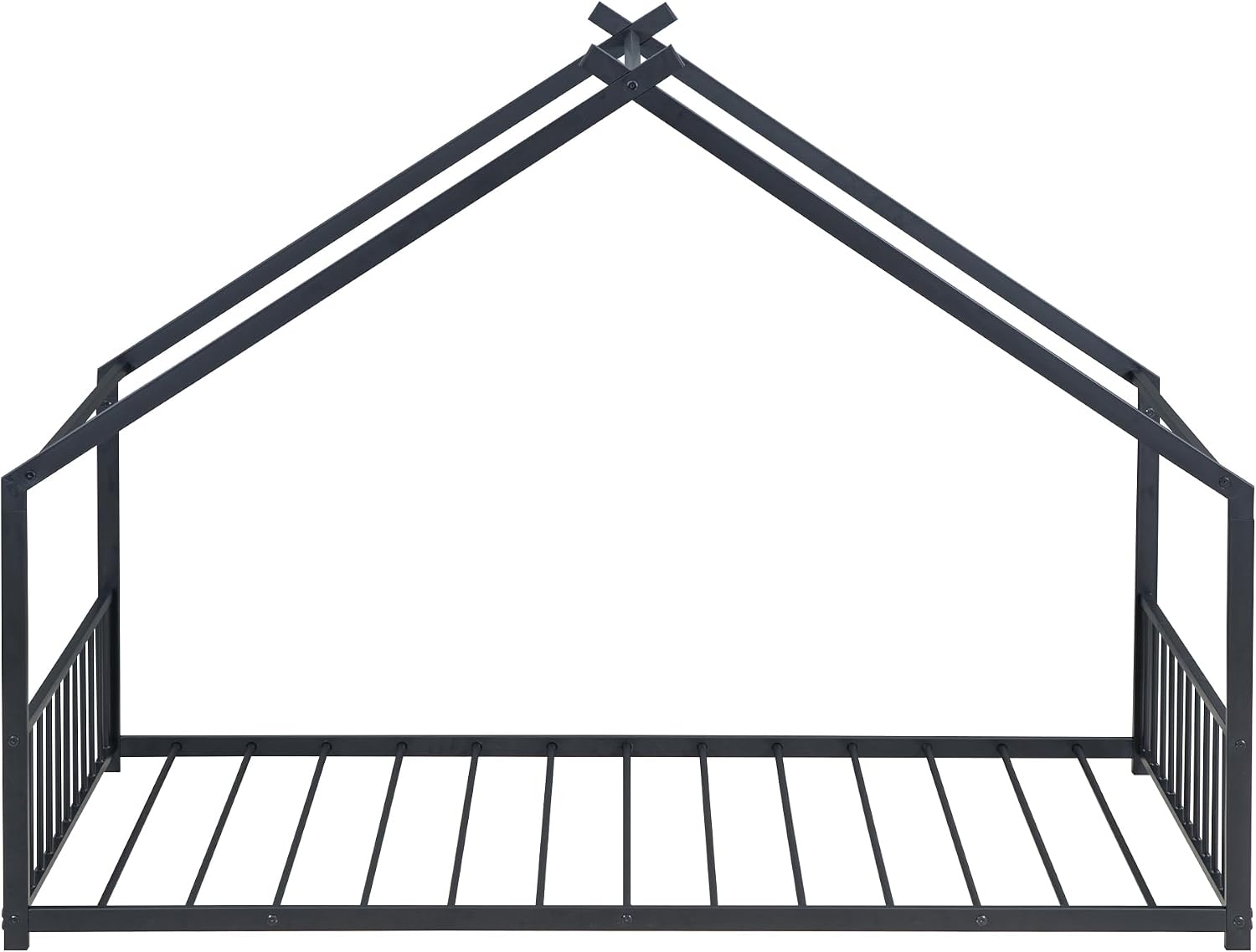 Bellemave Twin Size Floor BedFrame with Slats for Kids, Metal Montessori Floor Beds, Twin House Bed for Kids, Black with roof