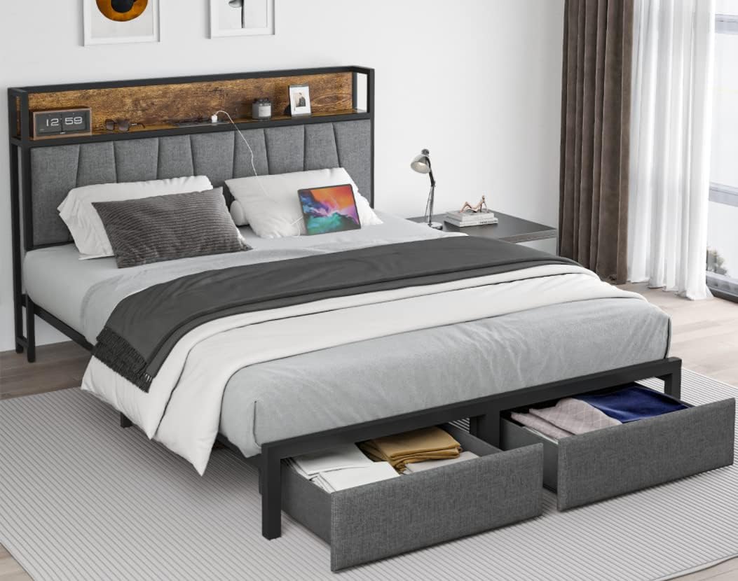 CIKUNASI Queen Size Bed Frame with Headboard and Storage, Drawers Platform Bed Frame with Storage Chargin Station LED Light Bedframe, Heavy Duty, No Box Spring Needed