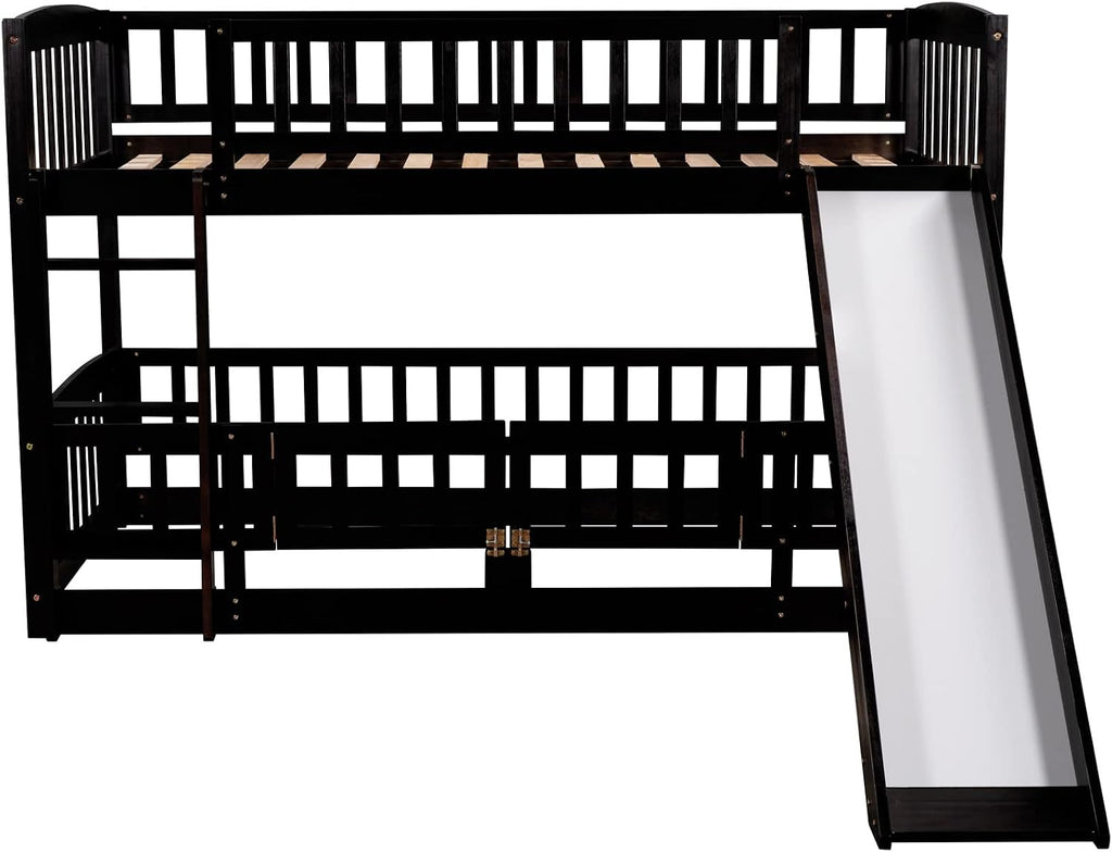 Bellemave Twin Over Twin Low Bunk Bed with Slide and Fence Railings Wood Floor Bunk Beds with Ladder for Kids Boys Girls Teens, Espresso