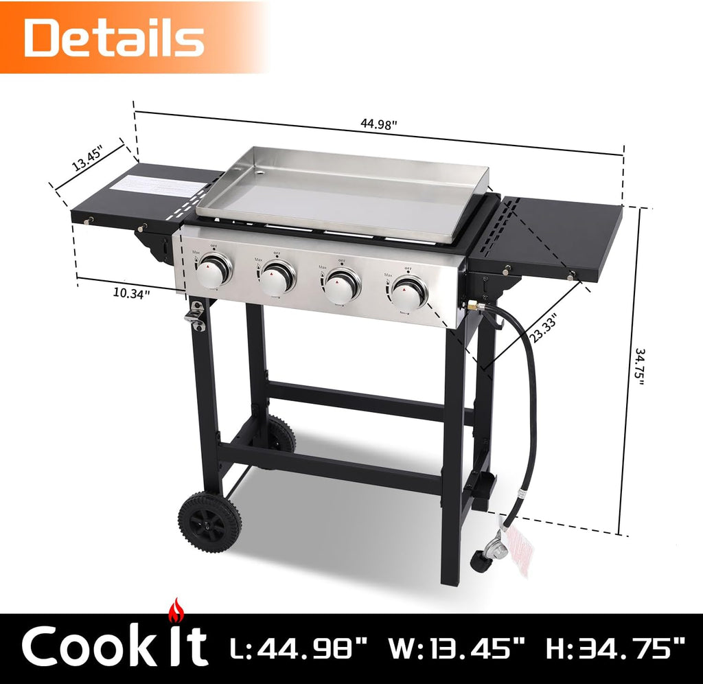 Cookit 4-Burner Flat Top Gas Grill with Stainless Steel Griddle, Includes Cover & Regulator - Perfect for Camping, Tailgating, Backyards