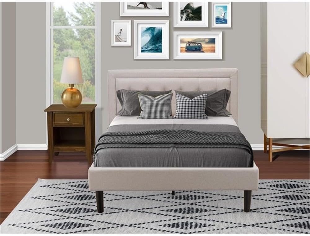 East West Furniture FN08F-1GA08 2-Pc Platform Full Size Bed Set with 1 Wood Bed Frame and a Wood Nightstand - Mist Beige Linen Fabric