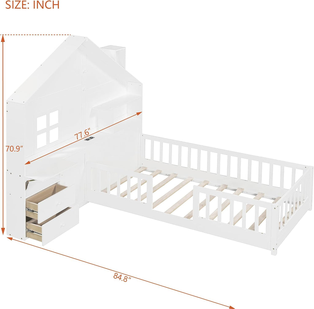 VilroCaz Twin Size Kids Floor Bed with Safety Fence, Solid Wood Montessori Platform Bed with House Shape Headboard with Bedside Drawers, Shelves, Sockets and USB Port for Kids Boys Girls (White-LT1)