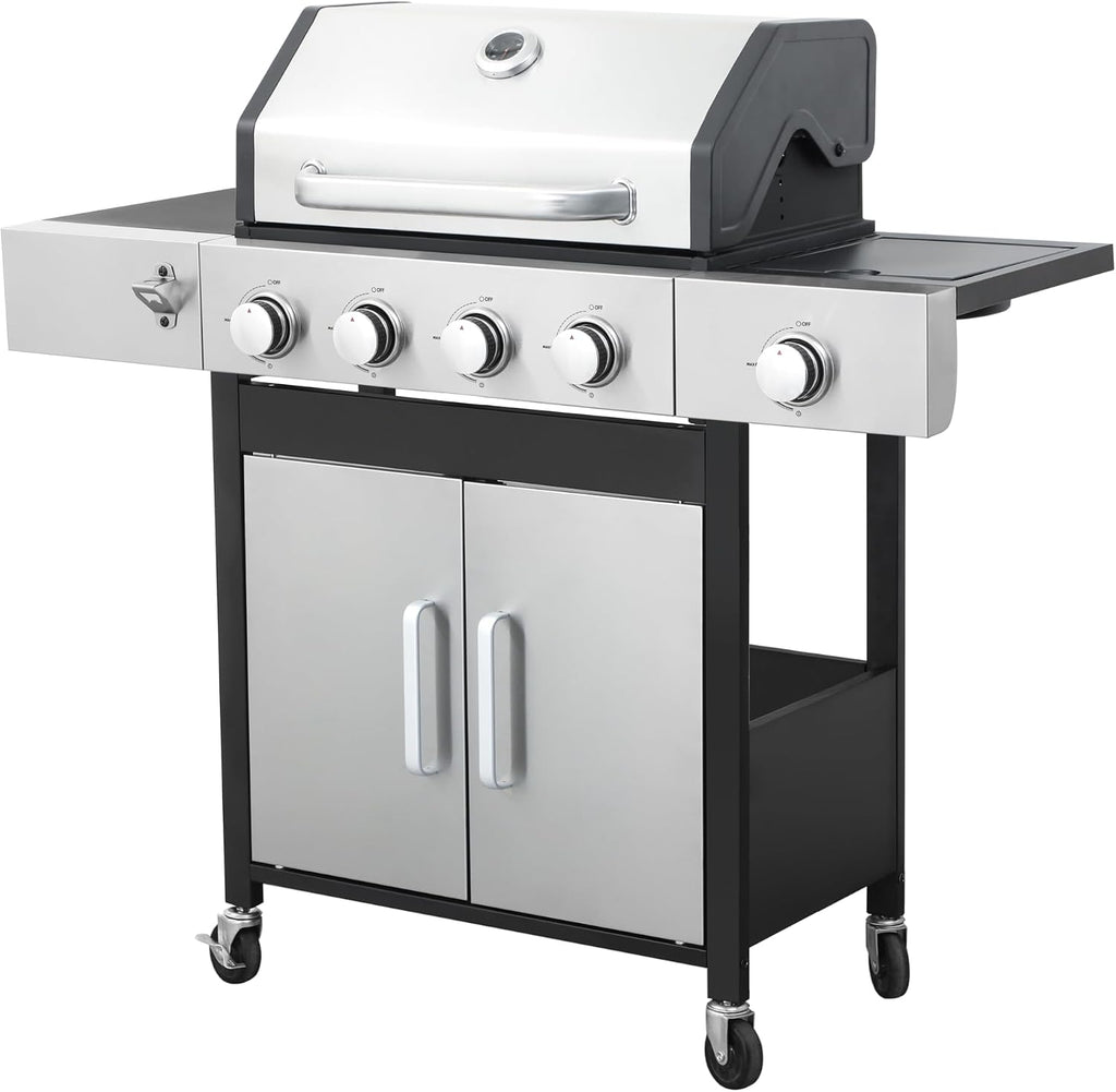 3-Burner Propane Gas BBQ Grill, Stainless Steel Propane Grill 36,900 BTU Outdoor Cabinet Style with Wheels, Wire Rack and Two Foldable Side Table for Outdoor Barbecue Cooking (5-Burner Grill,Silver)