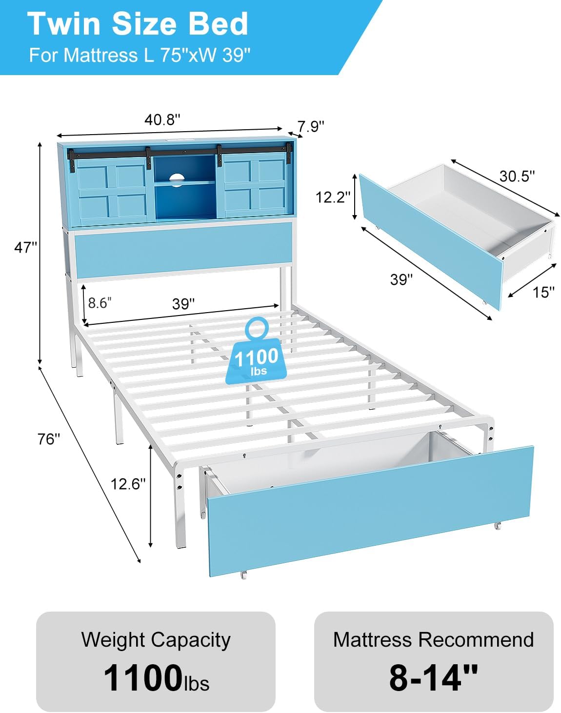 Twin Size Bed Frame, Storage Headboard with Drawers, 3-in-1 Charging Hub & Nightstand, Strong Metal Slats, No Box Spring Required (Blue White, Twin)