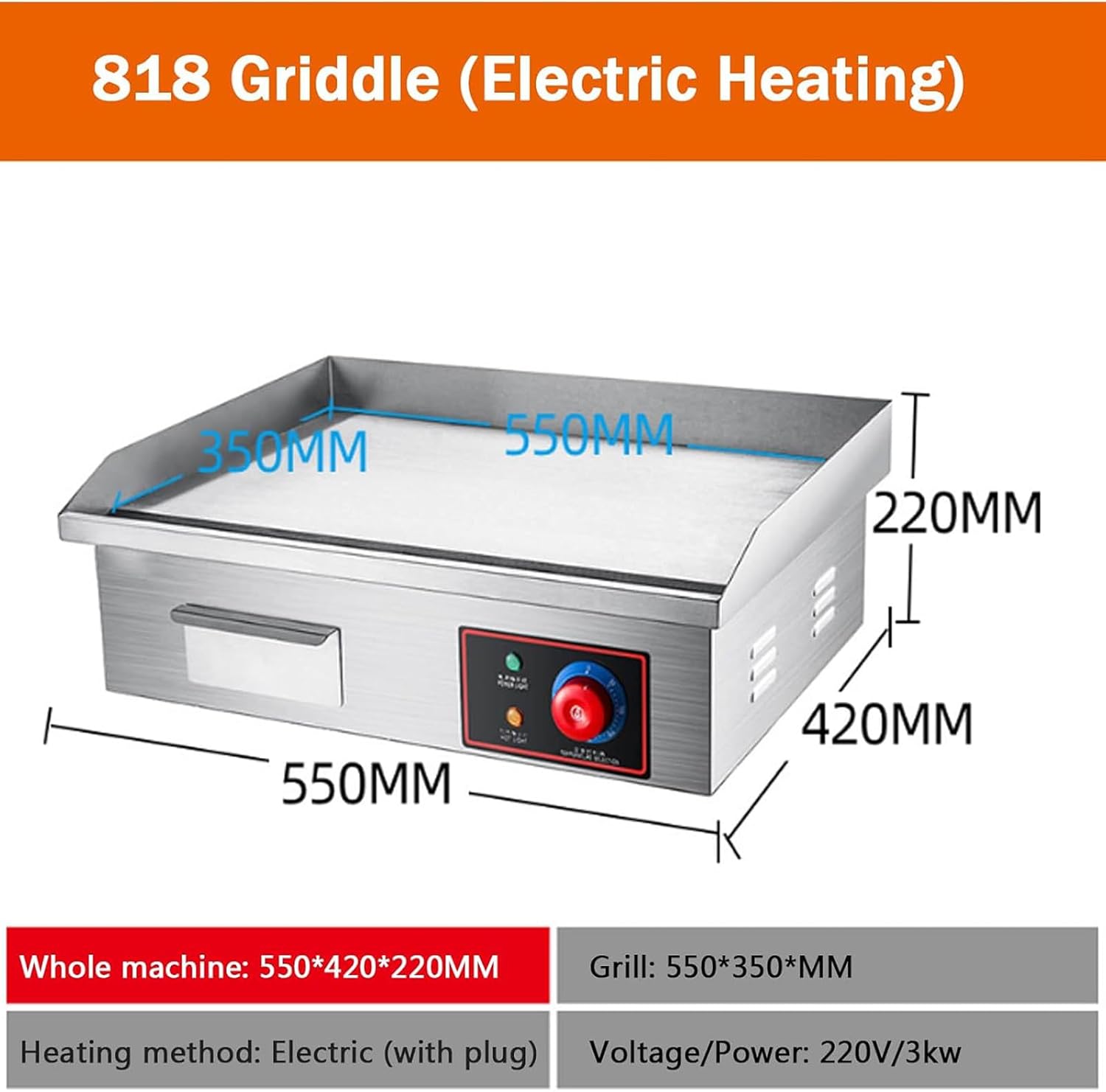 Commercial Griddle 21' Commercial Electric Griddle 220V 3000W Non-Stick Countertop Flat Top Griddle Hot Plate BBQ