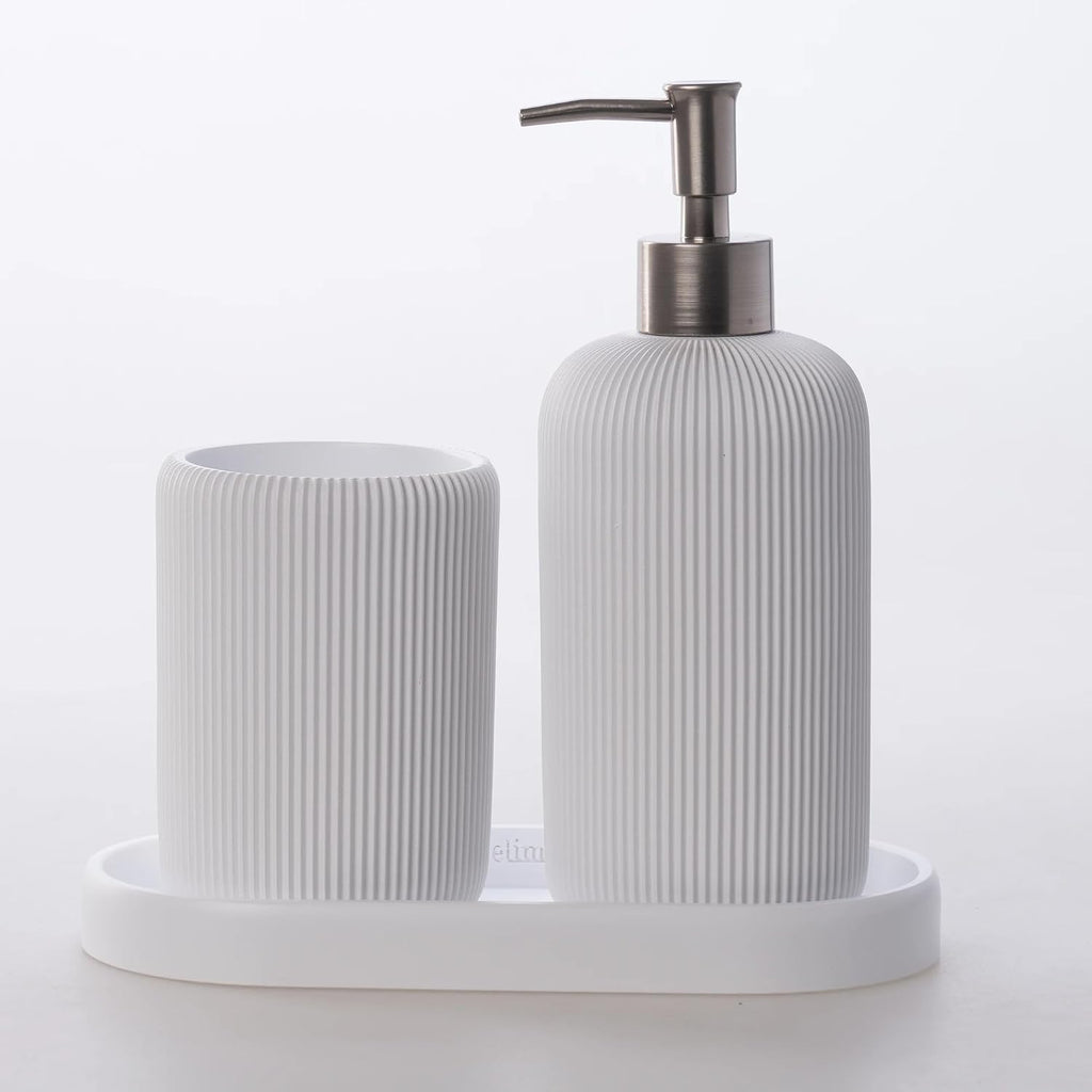 Lydia Collection 5-Piece Resin Bathroom Accessories Set – Toilet Brush Holder, Waste Bin, Soap Dispenser, Tray & Toothbrush Holder (White)