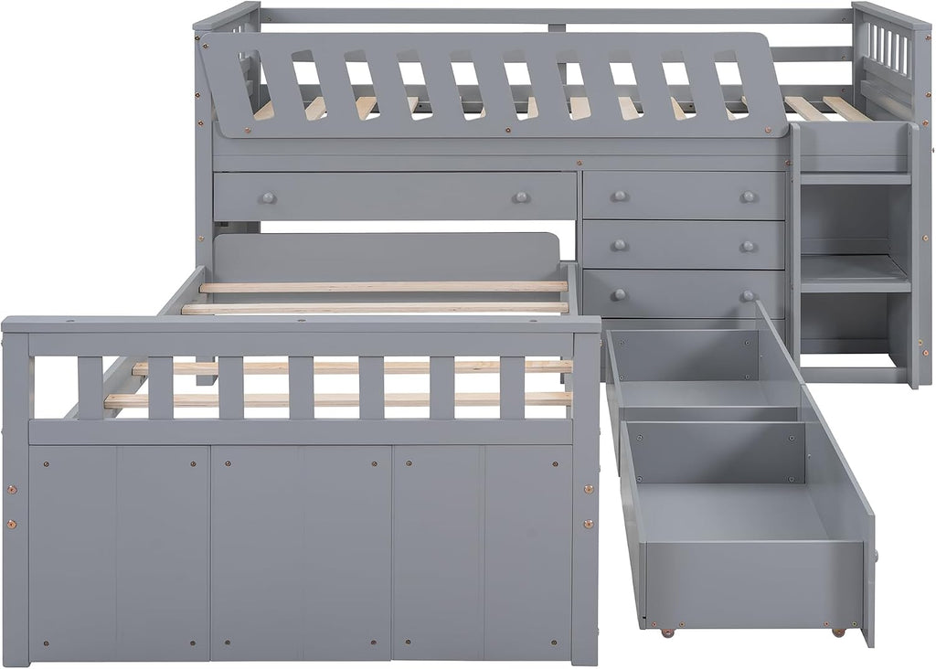 L-shaped Twin Low Loft Bed with Twin Platform Bed, Solid Wood Kids Beds Frame with 7 Drawers and Full Guardrails for Boys Girls, 2 Beds in 1 Design (Gray-L2B)