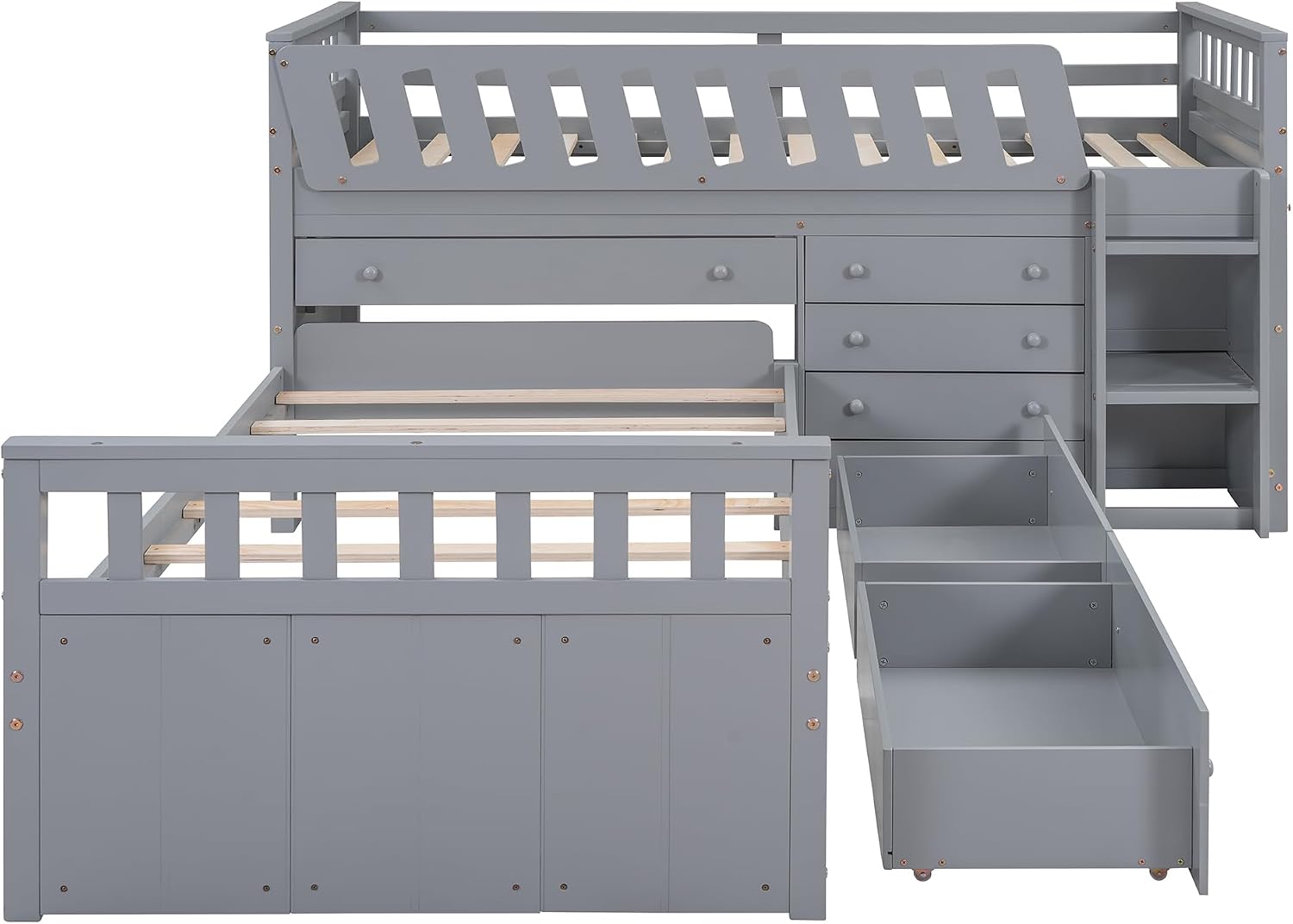 L-shaped Twin Low Loft Bed with Twin Platform Bed, Solid Wood Kids Beds Frame with 7 Drawers and Full Guardrails for Boys Girls, 2 Beds in 1 Design (Gray-L2B)