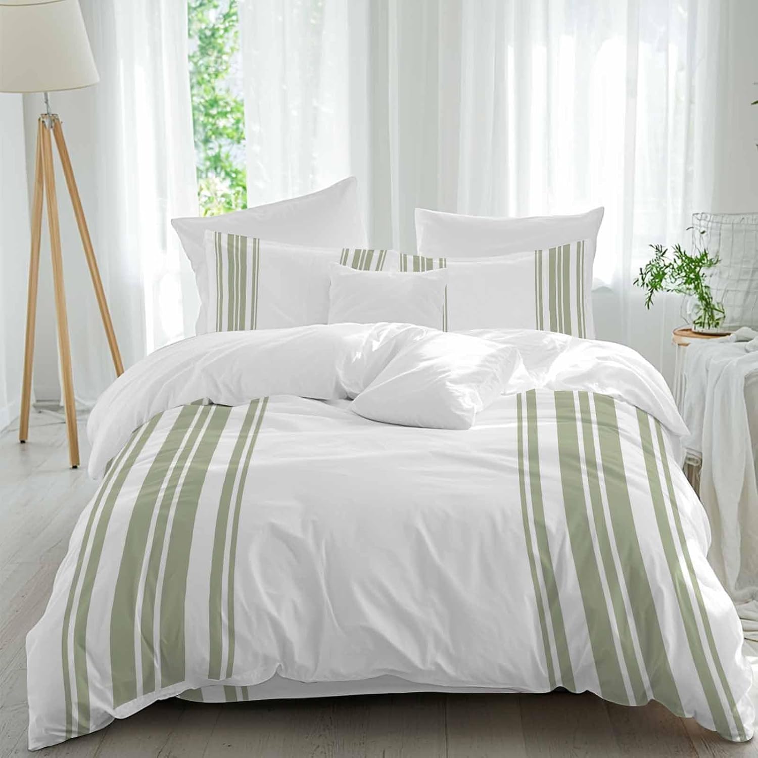 Sage Green and White Striped Duvet Cover Set Queen Size 4 Pieces Modern Minimalist Vertical Lines Bedding Set with Zipper Closure, 1 Comforter Cover 86x86 Inches 1 Flat Sheet & 2 Pillow Cases