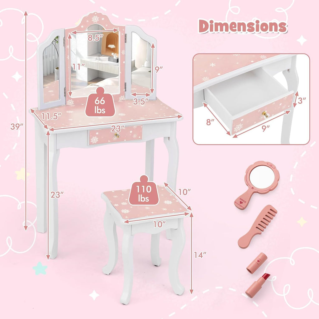 Costzon Kids Vanity & Jewelry Armoire Cabinet, Kids Vanity Table and Chair Set, Standing Jewelry Organizer with Full-Length Mirror, Kids Bedroom Furniture Set for Girls, Snowflake Print (White)