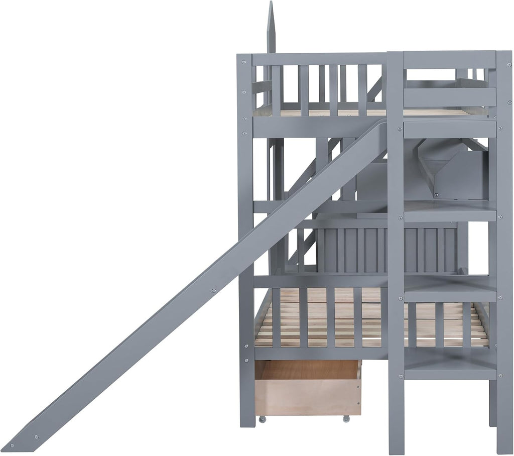 Harper & Bright Designs Kids Bunk Bed with Staircase and Slide, Twin Over Twin Wood Bunk Bed Frame with Storage Drawers & Bookshelf, Castle Style Bunk Beds for Girls, Boys (Gray)