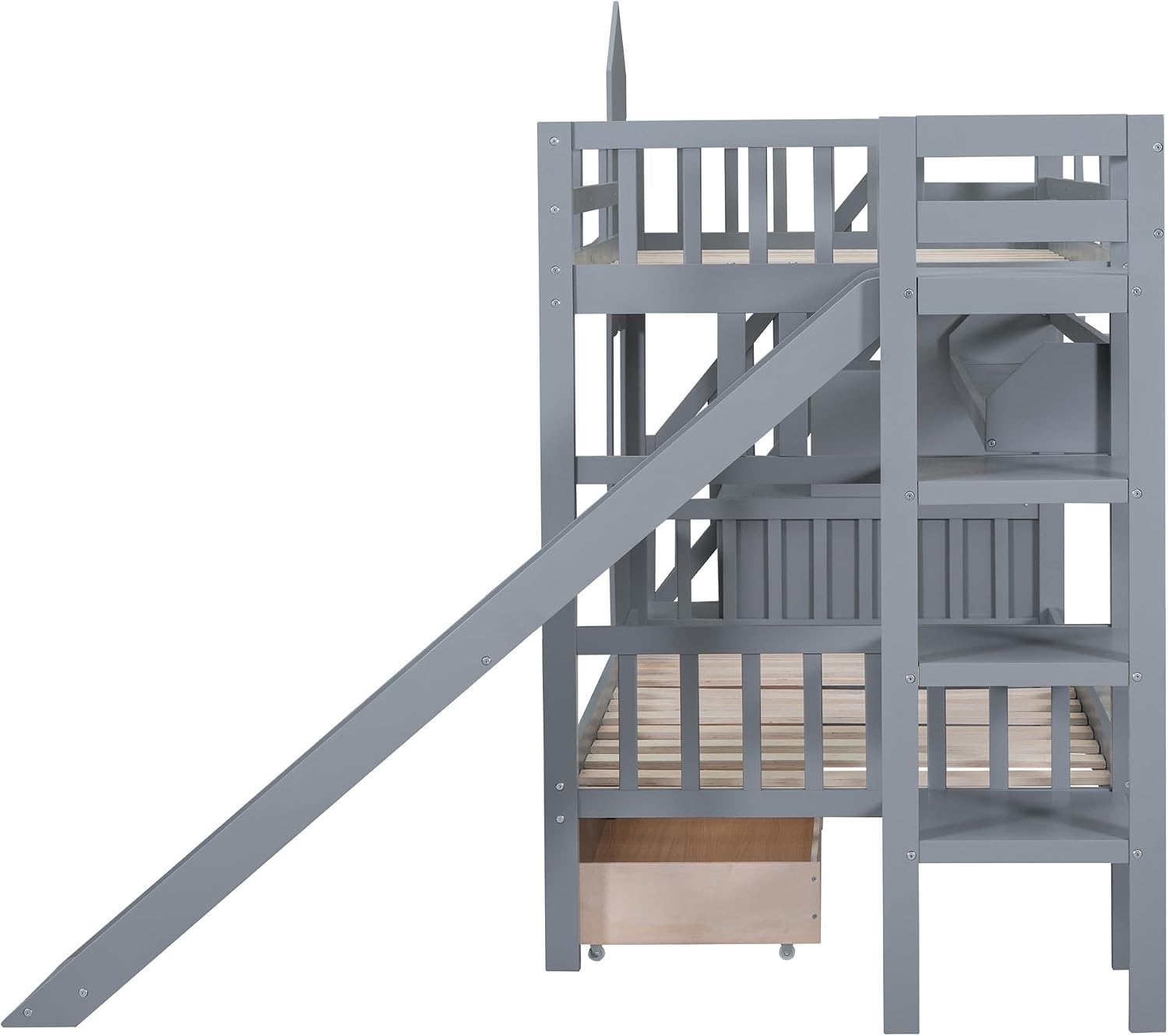 Harper & Bright Designs Kids Bunk Bed with Staircase and Slide, Twin Over Twin Wood Bunk Bed Frame with Storage Drawers & Bookshelf, Castle Style Bunk Beds for Girls, Boys (Gray)