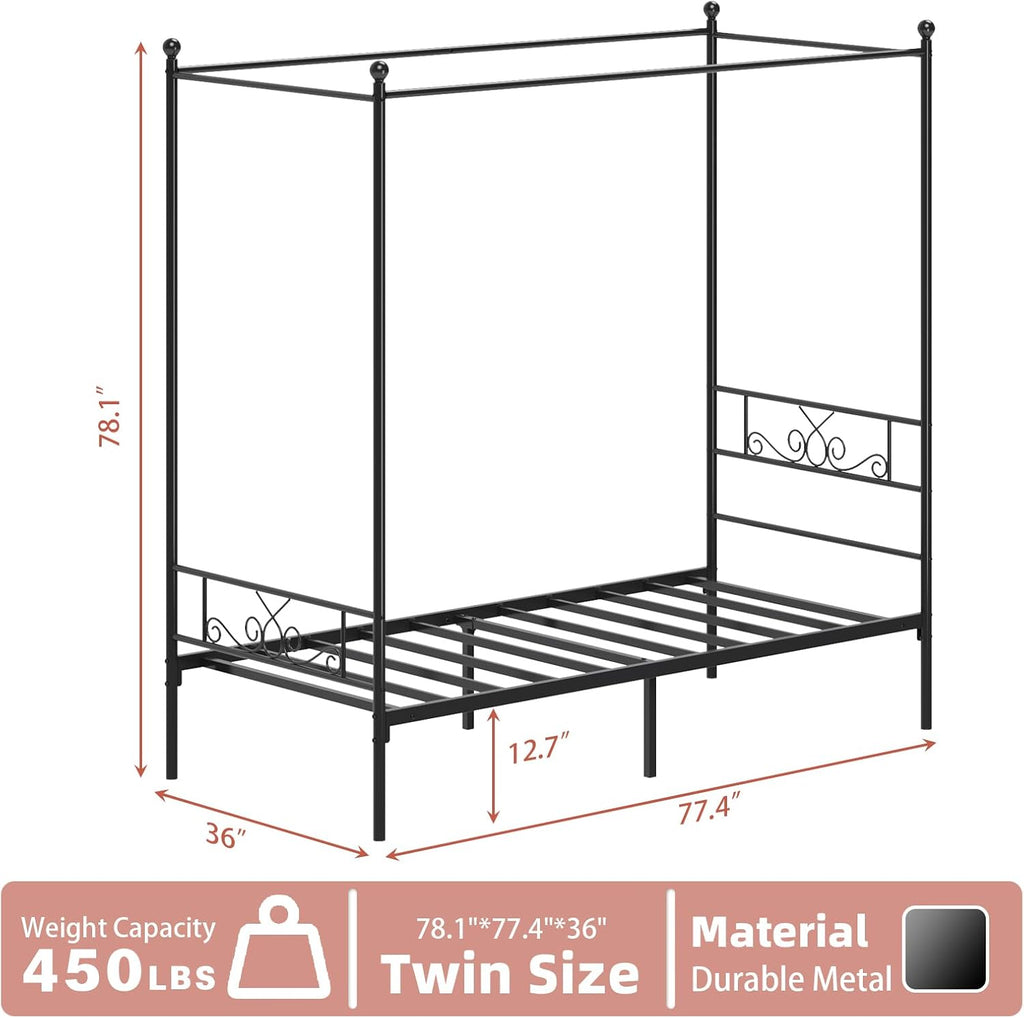 Weehom Twin Canopy Bed Frame with Headboard and Footboard, 4 Posters Metal Bed Frame, No Box Spring Needed, Mattress Foundation Platform Bed for Kids and Adults, Black