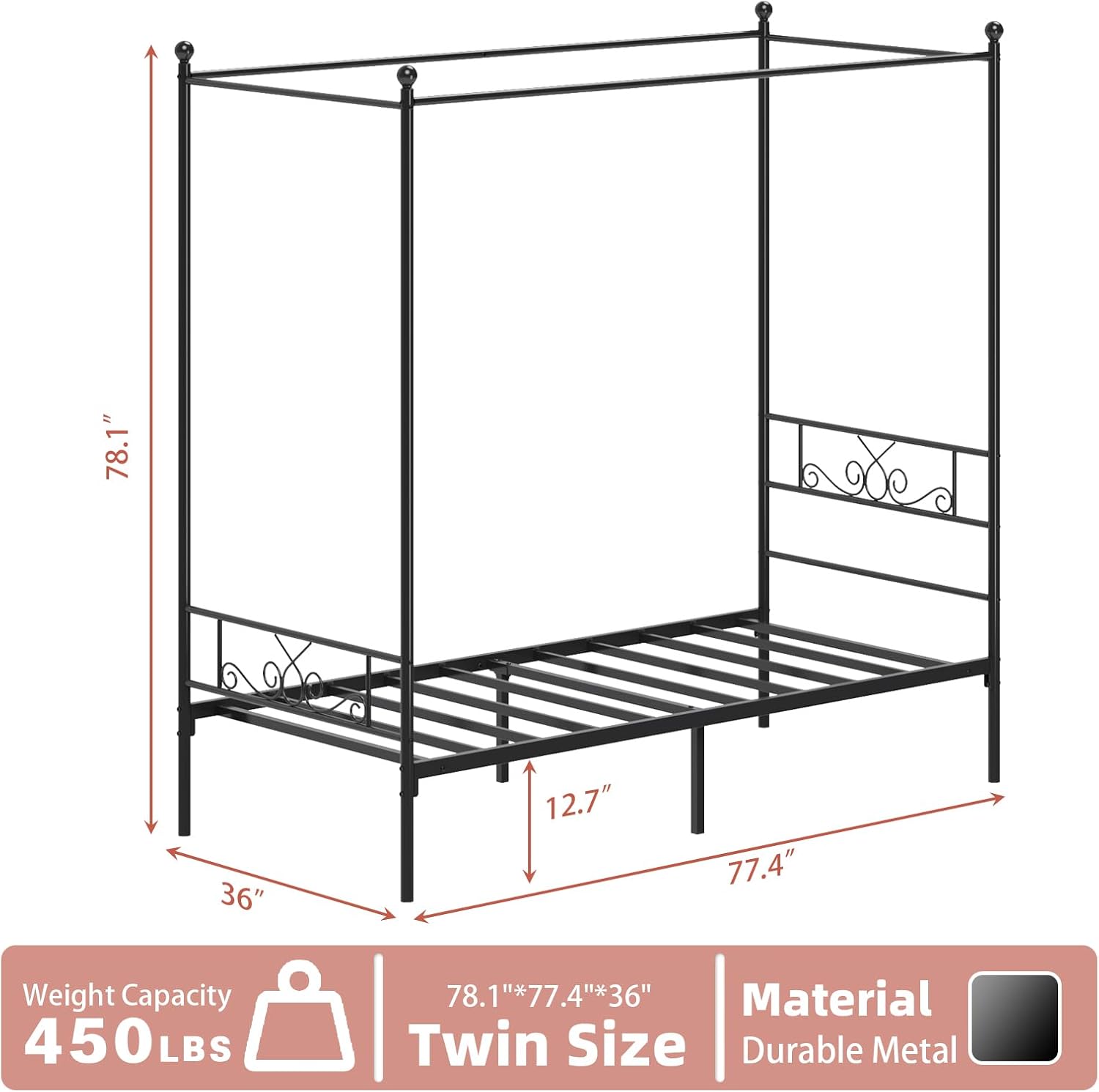 Weehom Twin Canopy Bed Frame with Headboard and Footboard, 4 Posters Metal Bed Frame, No Box Spring Needed, Mattress Foundation Platform Bed for Kids and Adults, Black