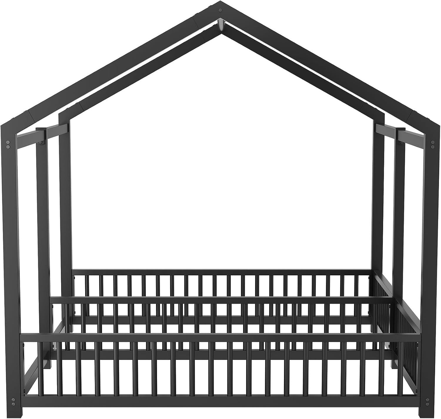 PVWIIK Double Montessori Floor Bed with Fence & Roof,Easy Assemble Bed Frame for Two Kids Teens Boys Girls,Twin Floor Bed, Black