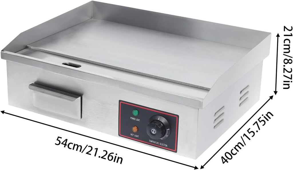 21''Commercial Electric Countertop Griddle,3000W Stainless Steel BBQ Flat Top Grill Frying Pan with Temperature Control 122°F-572°F for Restaurant Pancake Kitchen Steak (21.26 * 15.75 * 8.66 in)