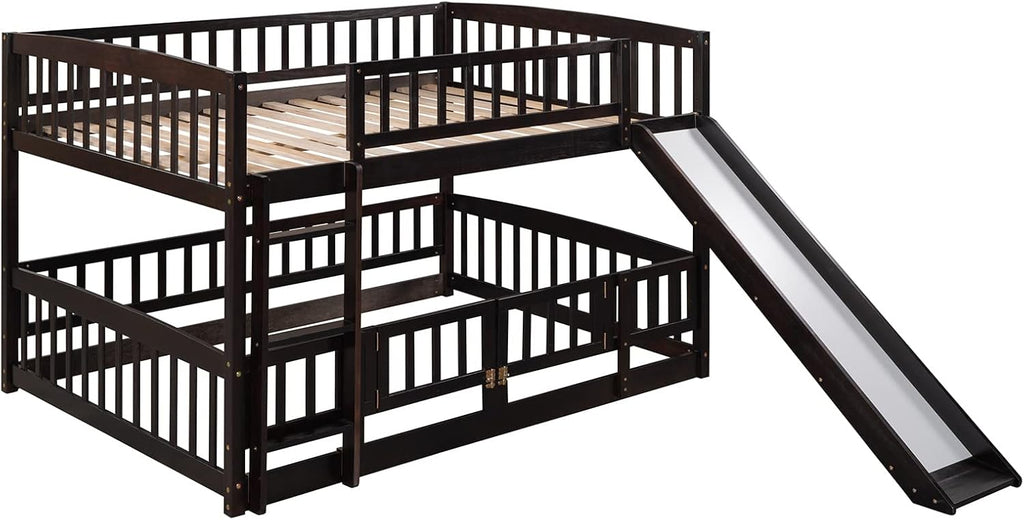Bellemave Full Over Full Low Bunk Bed with Slide and Fence Railings Wood Floor Bunk Beds with Ladder for Kids Boys Girls Teens, Espresso
