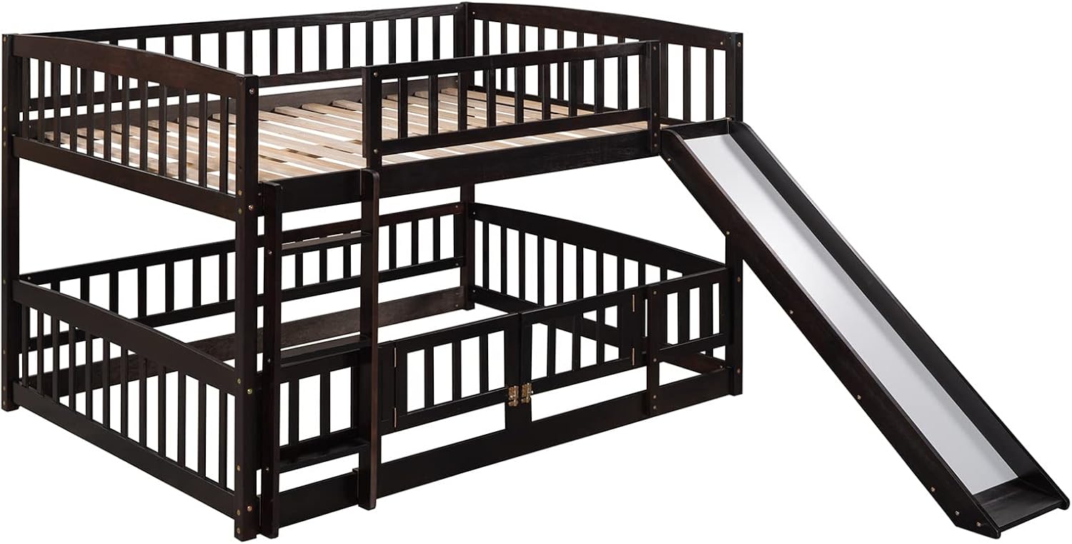 Bellemave Full Over Full Low Bunk Bed with Slide and Fence Railings Wood Floor Bunk Beds with Ladder for Kids Boys Girls Teens, Espresso