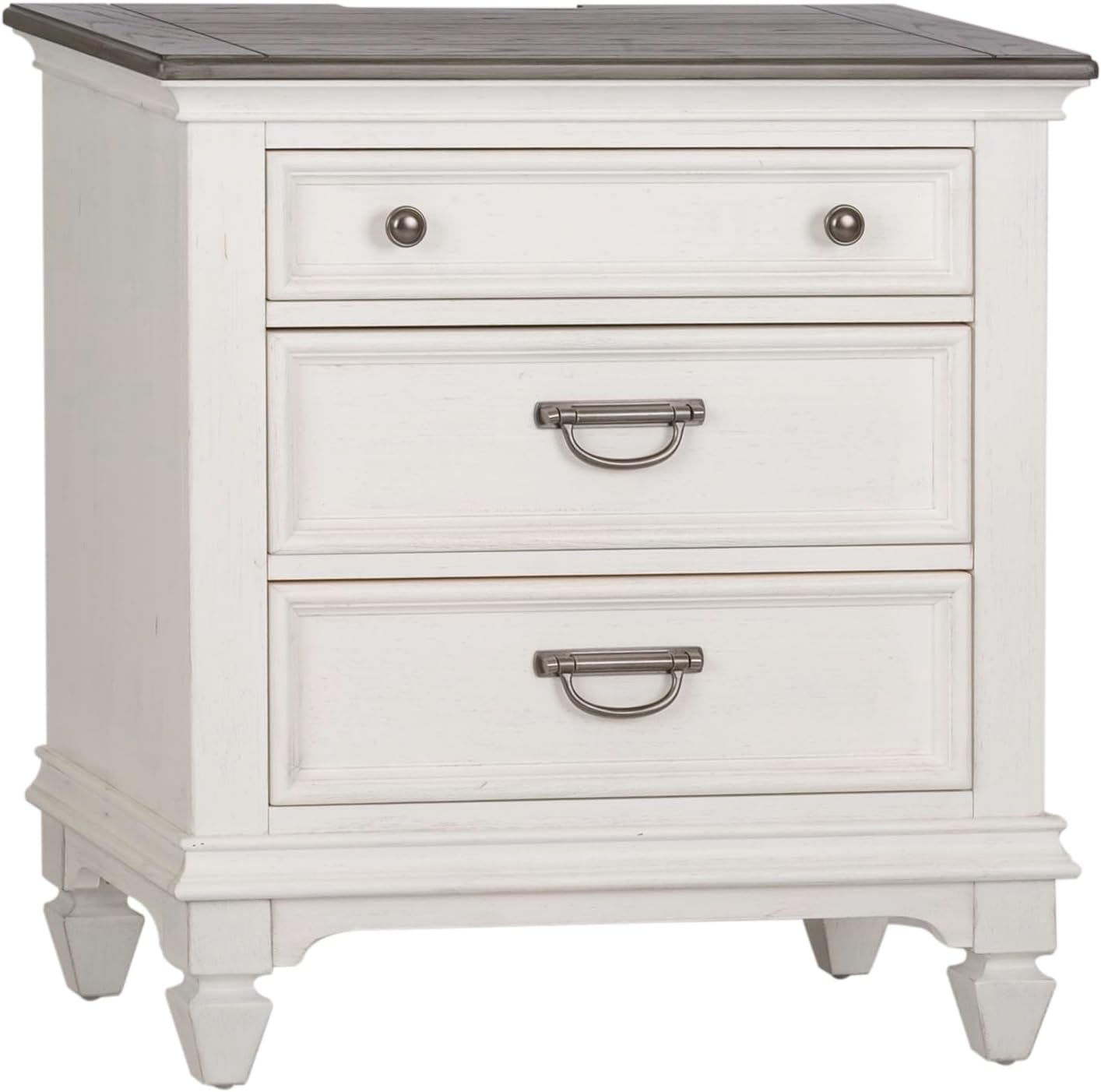 Liberty Furniture Allyson Park California King Panel Bed, Dresser & Mirror, Night Stand Cottage Bedroom Furniture Set - Wirebrushed White w/Charcoal Tops