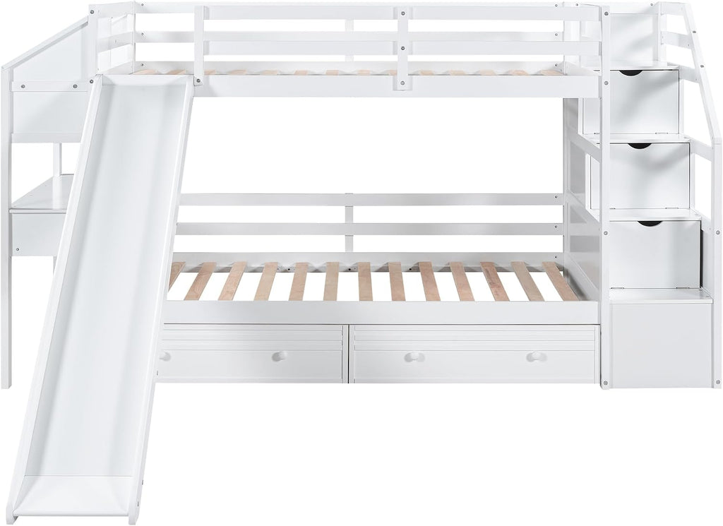 Merax Twin Over Twin Bunk Bed with Storage Staircase & Desk, Wood Bedframe with 2 Pull Out Drawers,Sturdy Bedroom Furniture Set for Boys Girls Teens (White)
