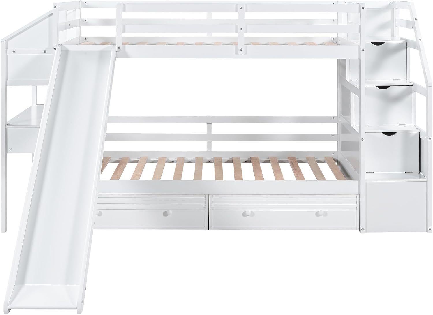 Merax Twin Over Twin Bunk Bed with Storage Staircase & Desk, Wood Bedframe with 2 Pull Out Drawers,Sturdy Bedroom Furniture Set for Boys Girls Teens (White)