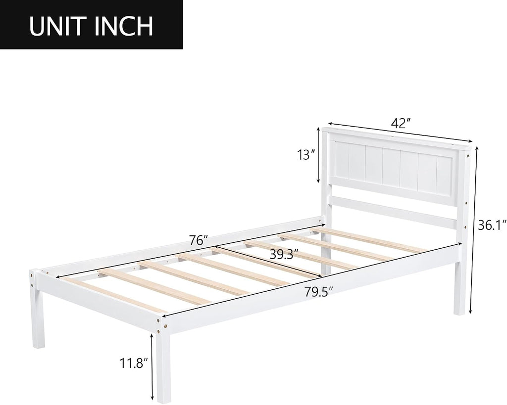 Twin Size Wood Bed Frame and Headboard, Modern Retro White Platform Beds Frames, Sturdy and Durable Design Rustic Wooden Bedroom Set, Easy Assembly, No Box Spring Needed (White, Twin)