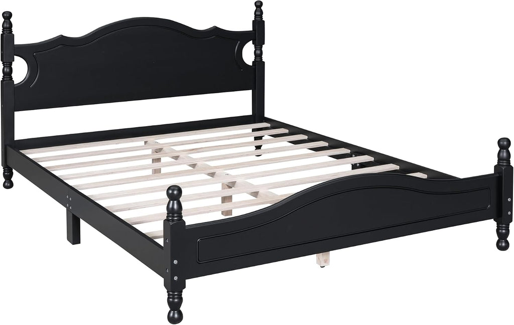 Flieks Queen Size Wood Platform Bed Frame for Boys Girls Kids Toddler,Retro Style Platform Bed with Wooden Slat Support,Black