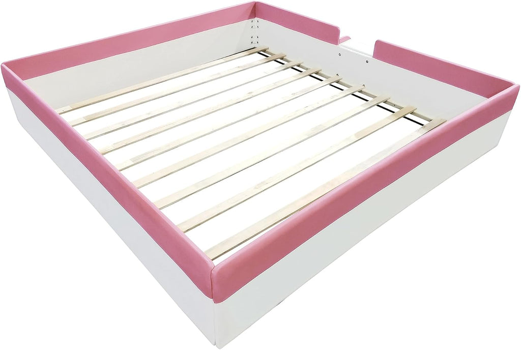 VilroCaz King Size Upholstered Daybed Frame with Fence and Stairs, Montessori Kids Floor Bed with Sturdy Slat Support for Kids Boys Girls
