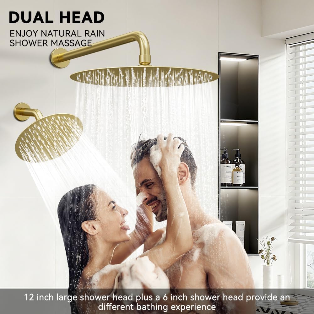 Shower Systems STARBATH 12+6' Round Dual Rainfall Shower Head with Handheld Spray for Two People, Wall Mounted 3 Way Rain Shower Faucet Sets Complete, Included Valve and Trim Kit, Brushed Gold