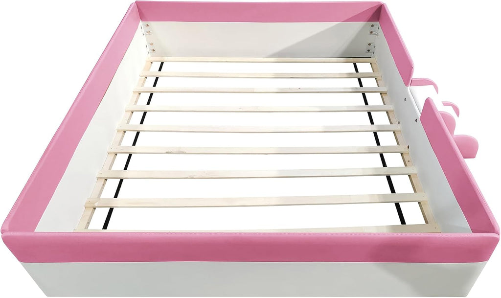 VilroCaz Queen Size Upholstered Daybed Frame with Fence and Stairs, Montessori Kids Floor Bed with Sturdy Slat Support for Kids Boys Girls