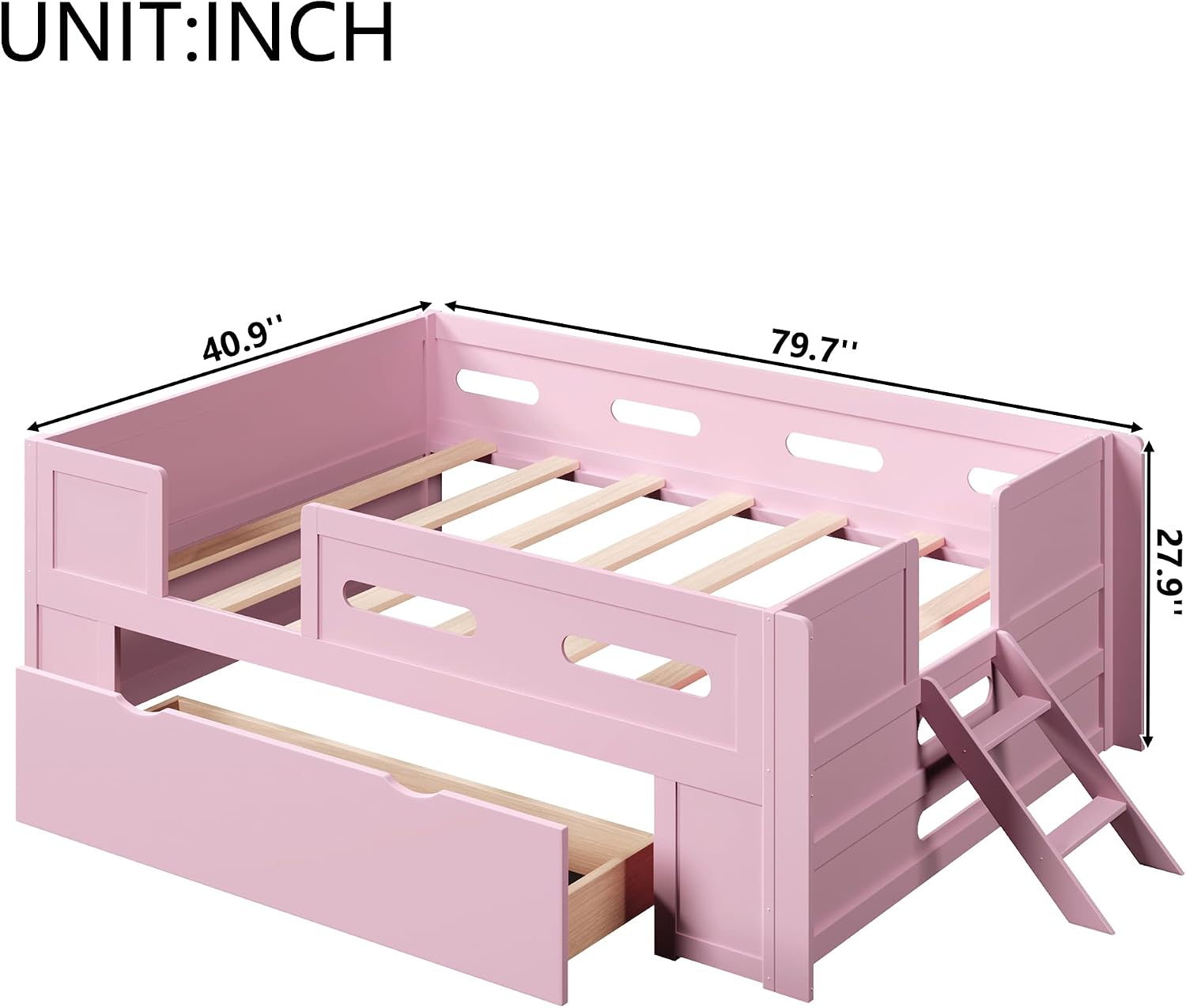 VilroCaz Modern Twin Size Platform Bed with Guardrail and Large Drawer, Wood Kids Platform Bed Frame with Two-Step Ladder for Boys Girls, Sturdy Slats Support (Pink-1.12T)