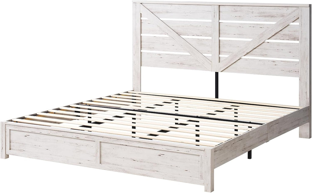 AMERLIFE King Size Bed Frame with 49.2' Barn Door Headboard and Footboard, Farmhouse Platform Bed Frame with Wood Slats, No Box Spring Needed, Under Bed Storage, Distressed White