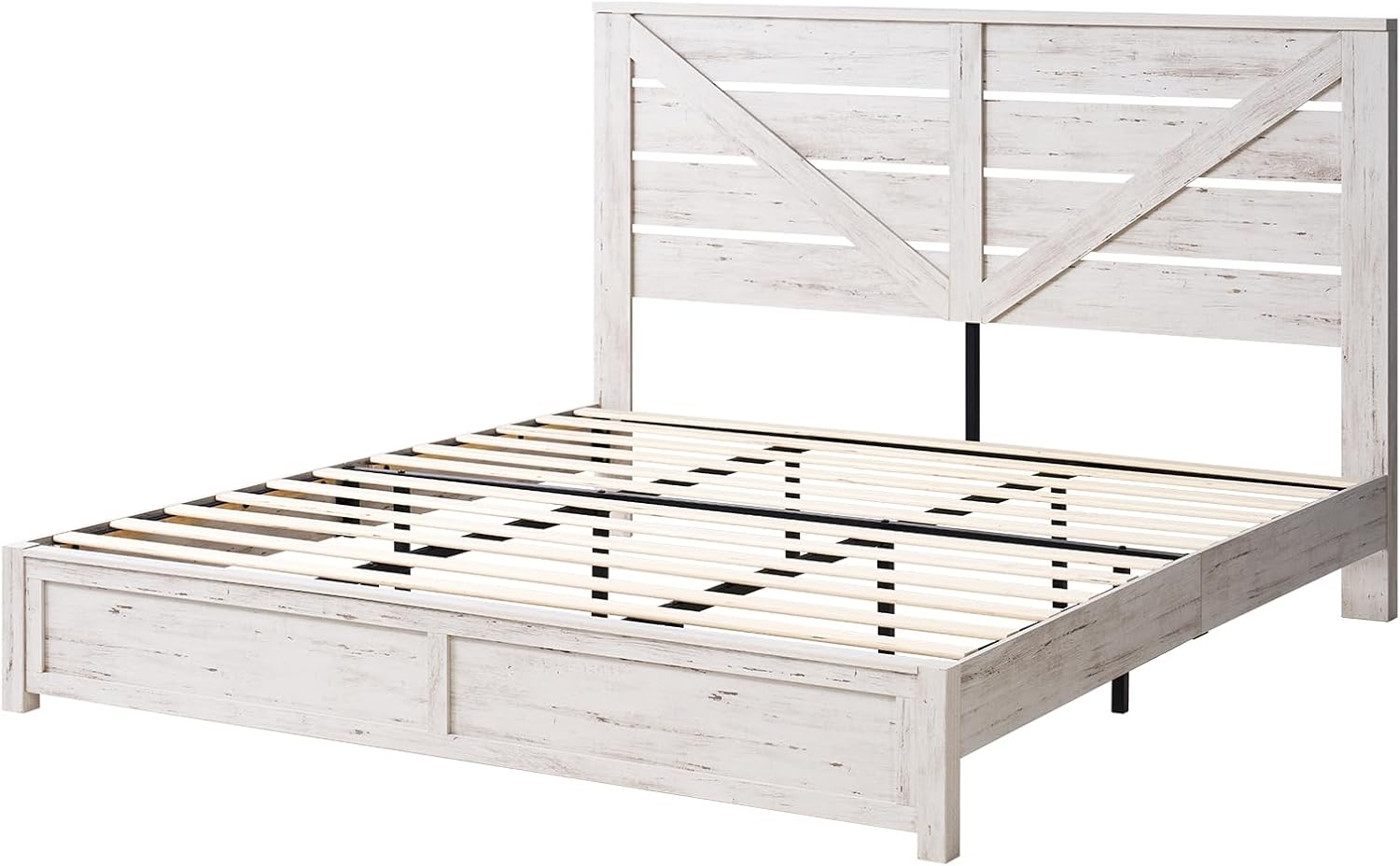 AMERLIFE King Size Bed Frame with 49.2' Barn Door Headboard and Footboard, Farmhouse Platform Bed Frame with Wood Slats, No Box Spring Needed, Under Bed Storage, Distressed White