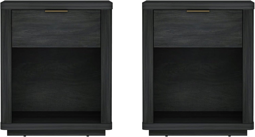 Manhattan Comfort Evelyn Nightstands Set of 2 with Full Extension Drawer and Open Shelf – Modern Bedroom Night Stand or Living Room Side Tables with Storage – Easy Assembly, Charcoal Grey