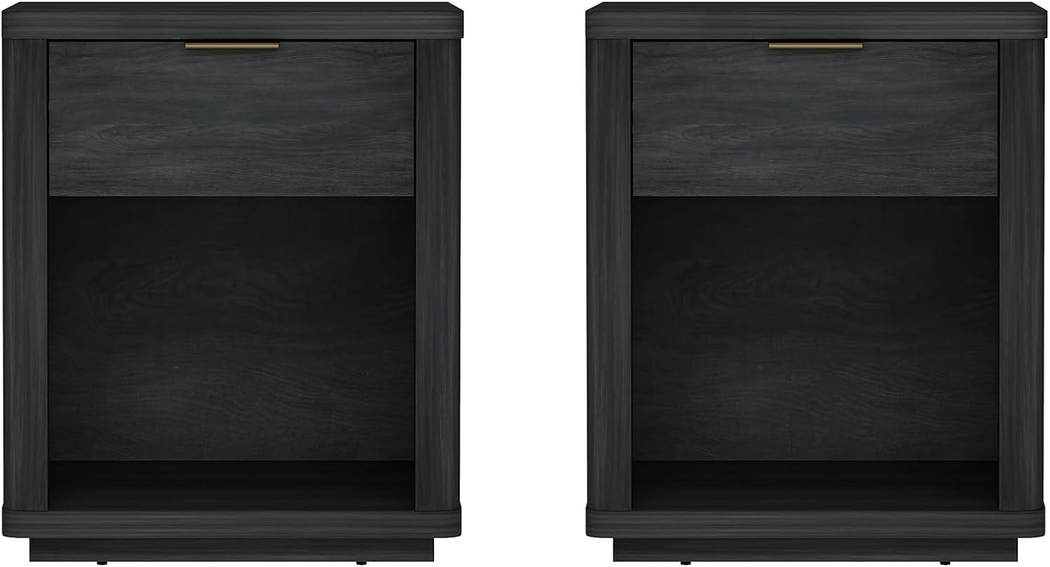Manhattan Comfort Evelyn Nightstands Set of 2 with Full Extension Drawer and Open Shelf – Modern Bedroom Night Stand or Living Room Side Tables with Storage – Easy Assembly, Charcoal Grey