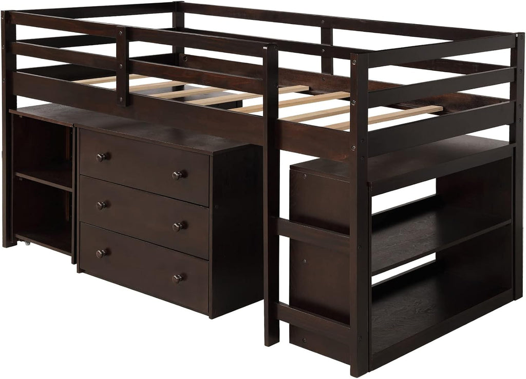 Bellemave Low Loft Bed Wood Loft Bed Frame with Storage Cabinet and Rolling Portable Desk for Kids and Teen, Boys, Girls, Twin,Espresso