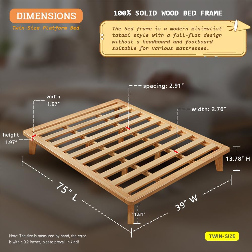 NELYE Twin Platform Bed Base - 14 Inch Solid Wood Mattress Foundation with Support Slats and Legs, Twin-Size Rubberwood Simple Bed Frame