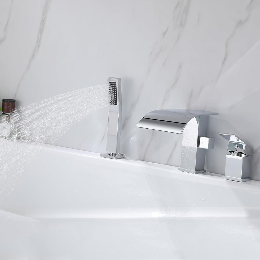 Waterfall Roman Tub Faucet with Hand Shower, Deck Mount Tub Filler Bathtub Faucet with Sprayer, Single Handle Bathtub Faucet Set, Brass Widespread 3 Hole Bathtub Shower Faucet Set, Chrome